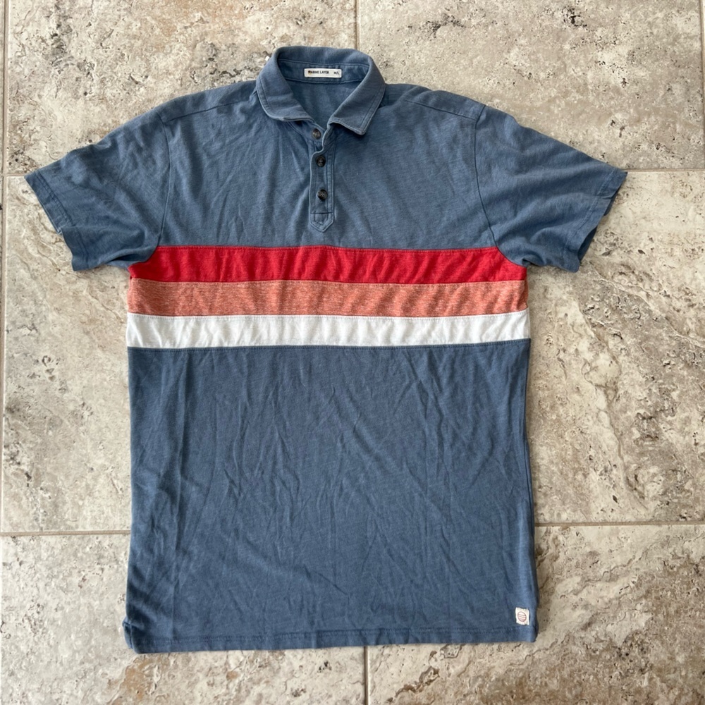 Marine Layer Lucas Polo in Blue-Grey with Color-blocked Stripes, M/L - Picture 10 of 11